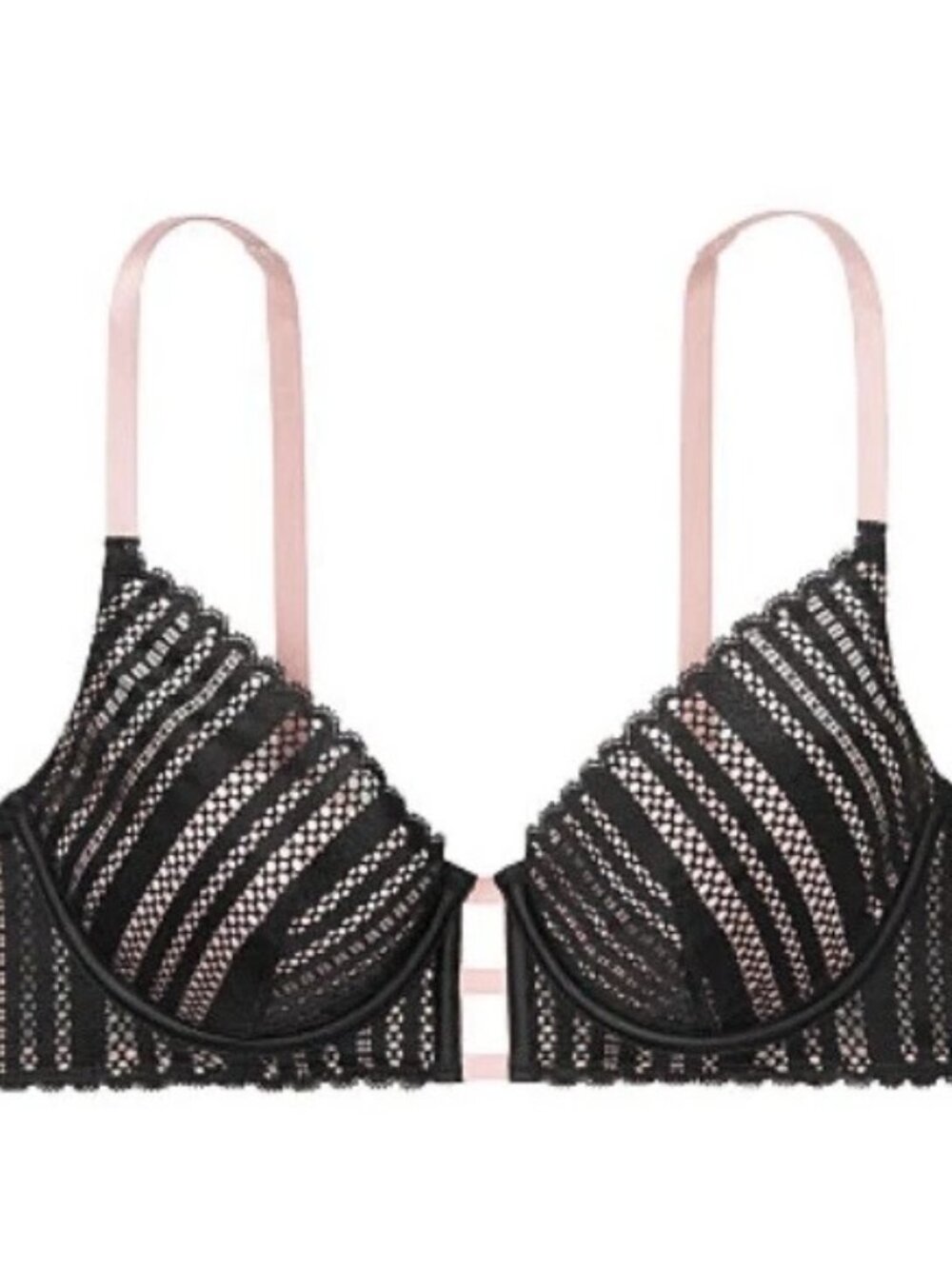 Victorias Secret Luxe Black Lace With Pink Lightly Lined Underwire Bra 32DD Nwt